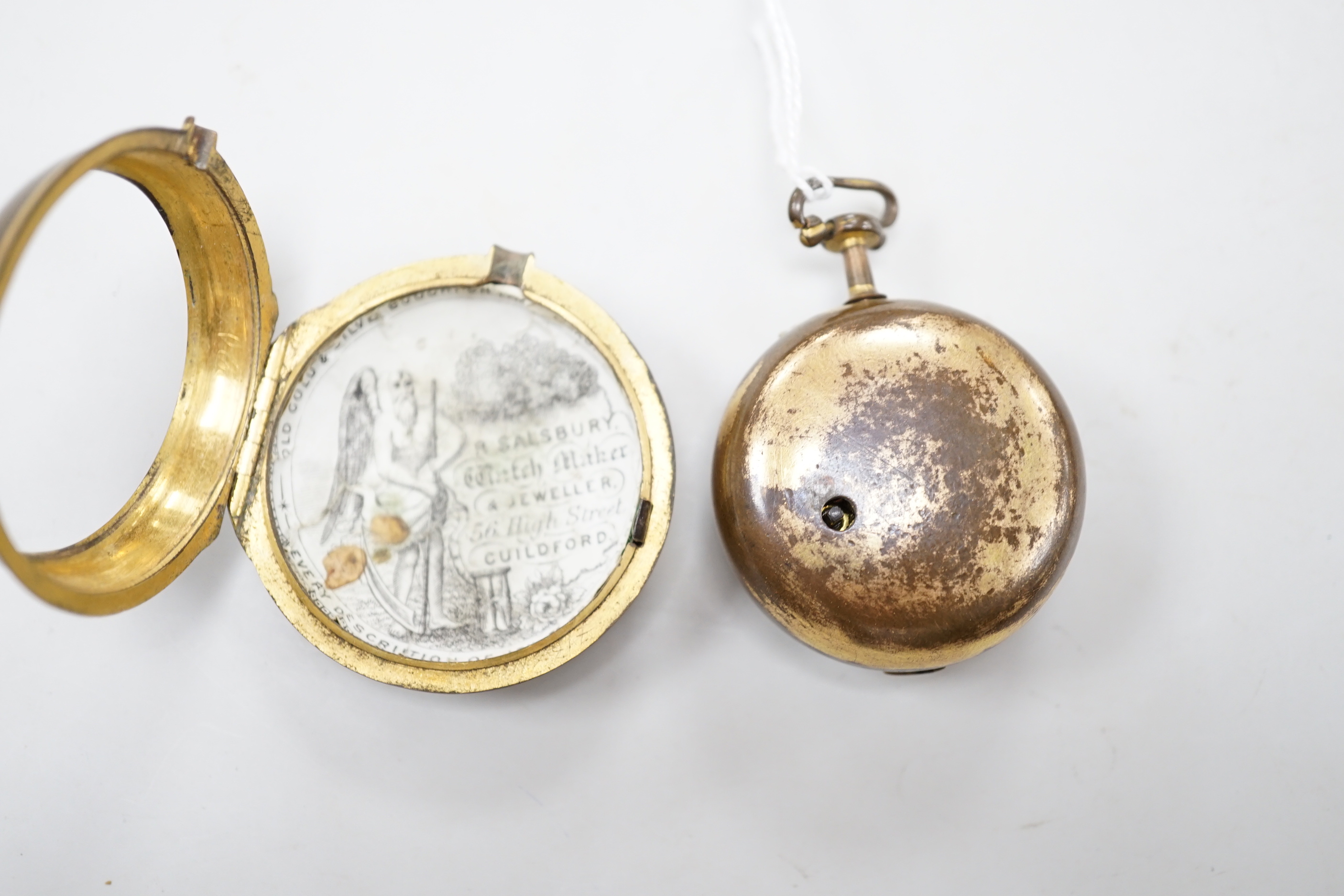 An 18th century gilt metal pair cased keywind verge pocket watch, by William Hope, London, with Roman dial, the signed movement numbered 1523.